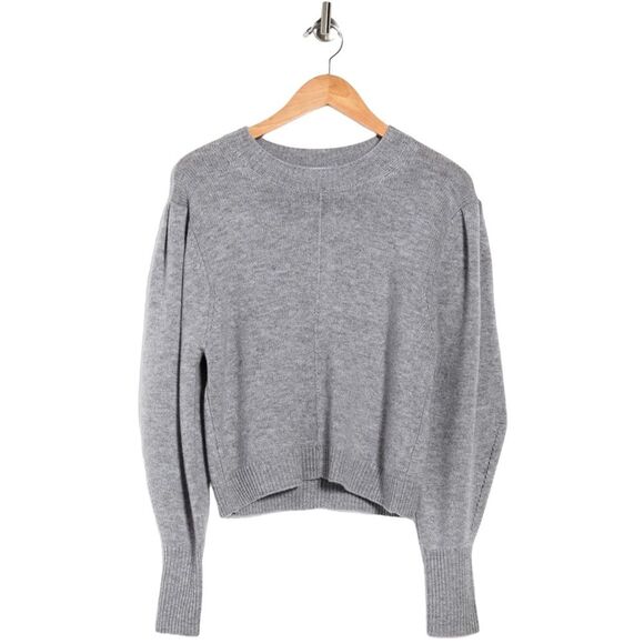 Something Navy Gray Minnie Puff Bishop Sleeve Cashmere Wool Sweater Size Small - Picture 2 of 13